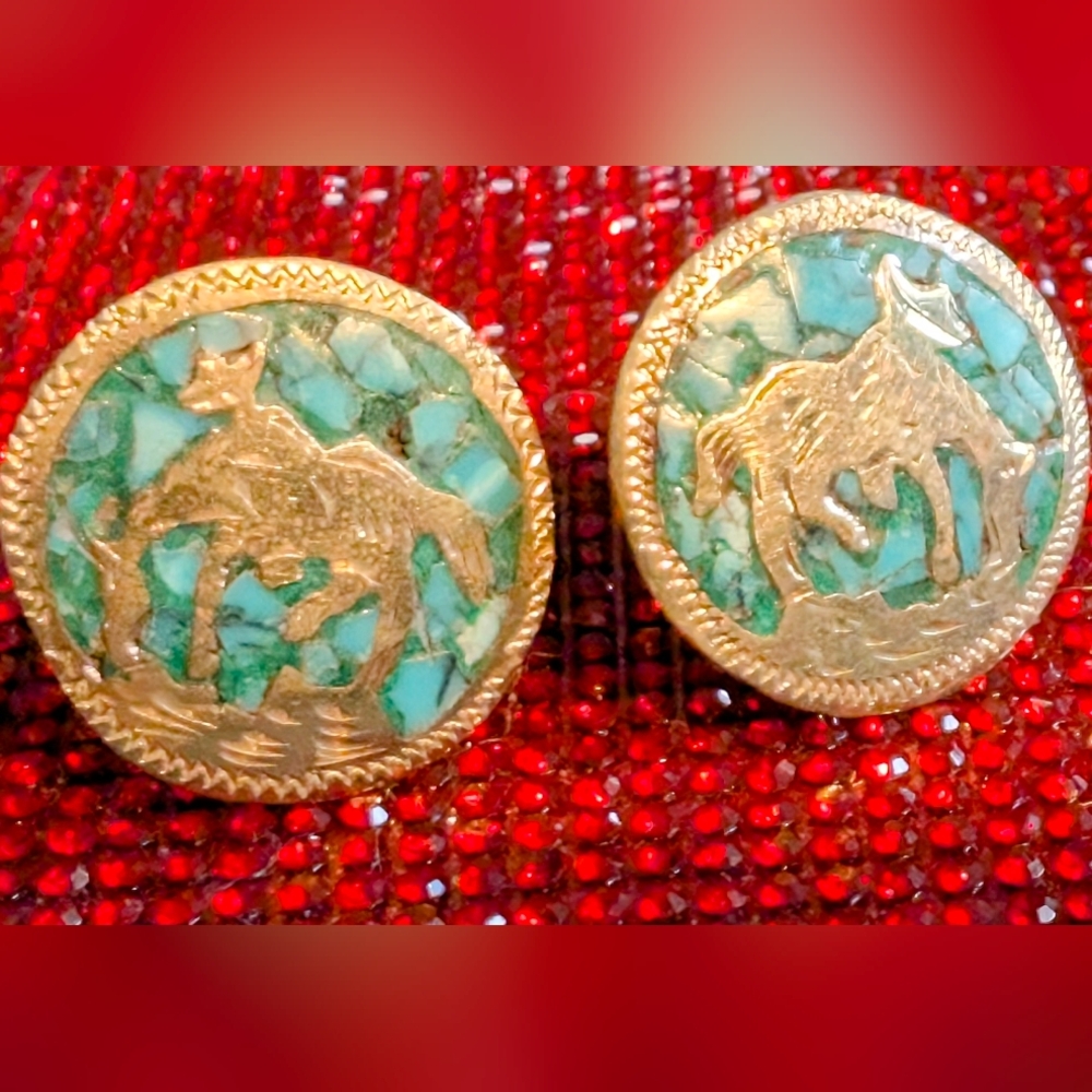 Vintage Taxco Mexico Sterling Silver 925 Turquoise Cuff links Rodeo Scene